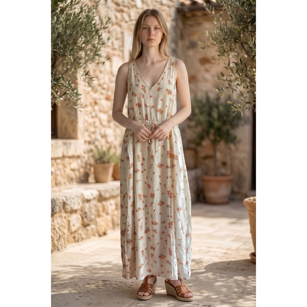 Lucky Brand Floral Maxi Dress Cream Orange V-Neck Sleeveless XL Boho Summer